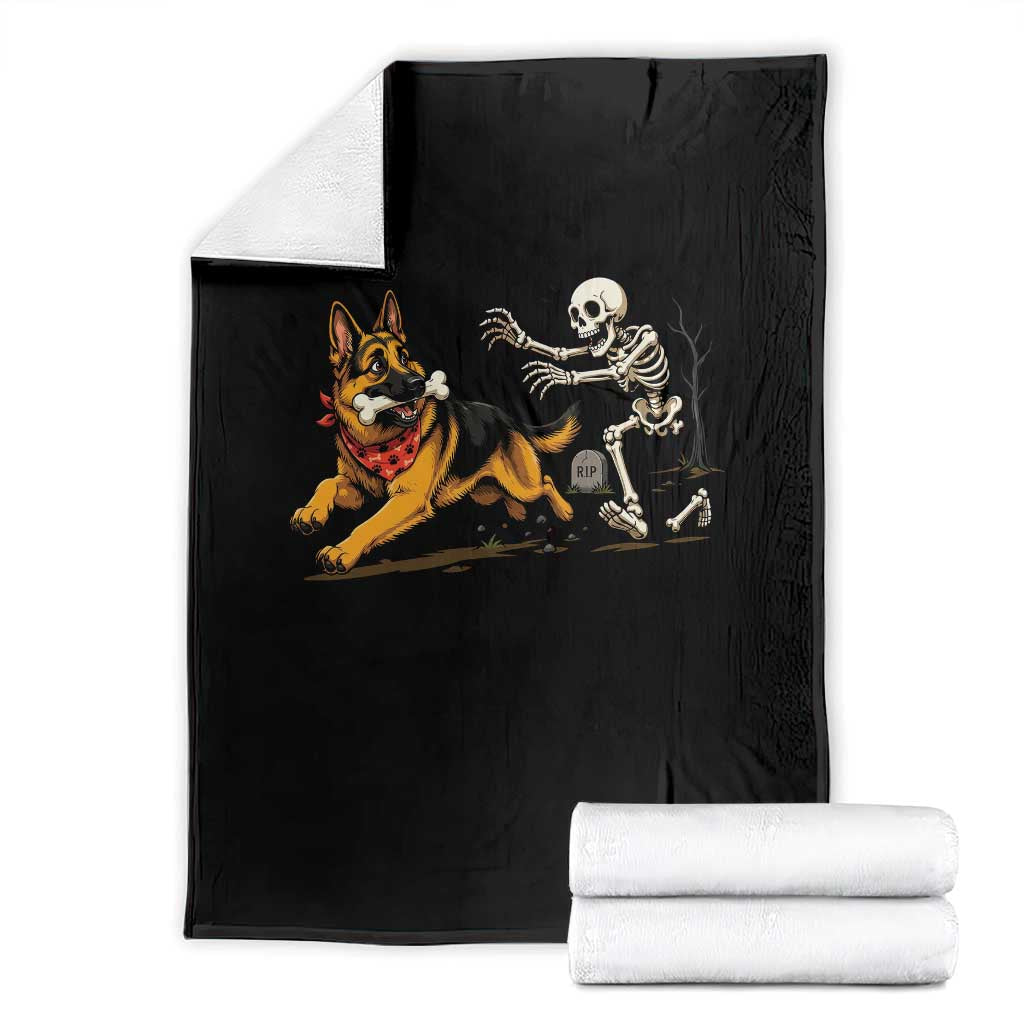 German Shepherd Stealing Skeleton Bone Cemetery Chase Throw Blanket Funny Dog Halloween Graphic