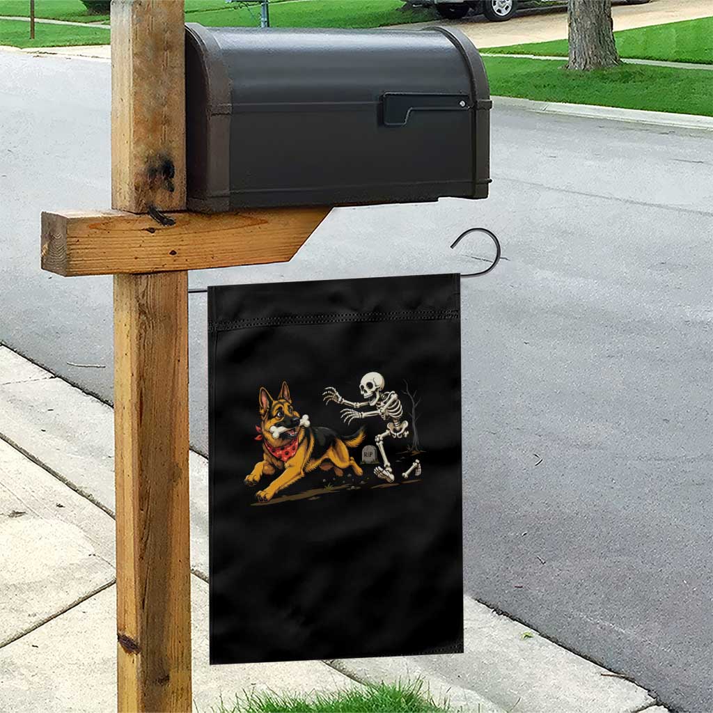 German Shepherd Stealing Skeleton Bone Cemetery Chase Garden Flag Funny Dog Halloween Graphic