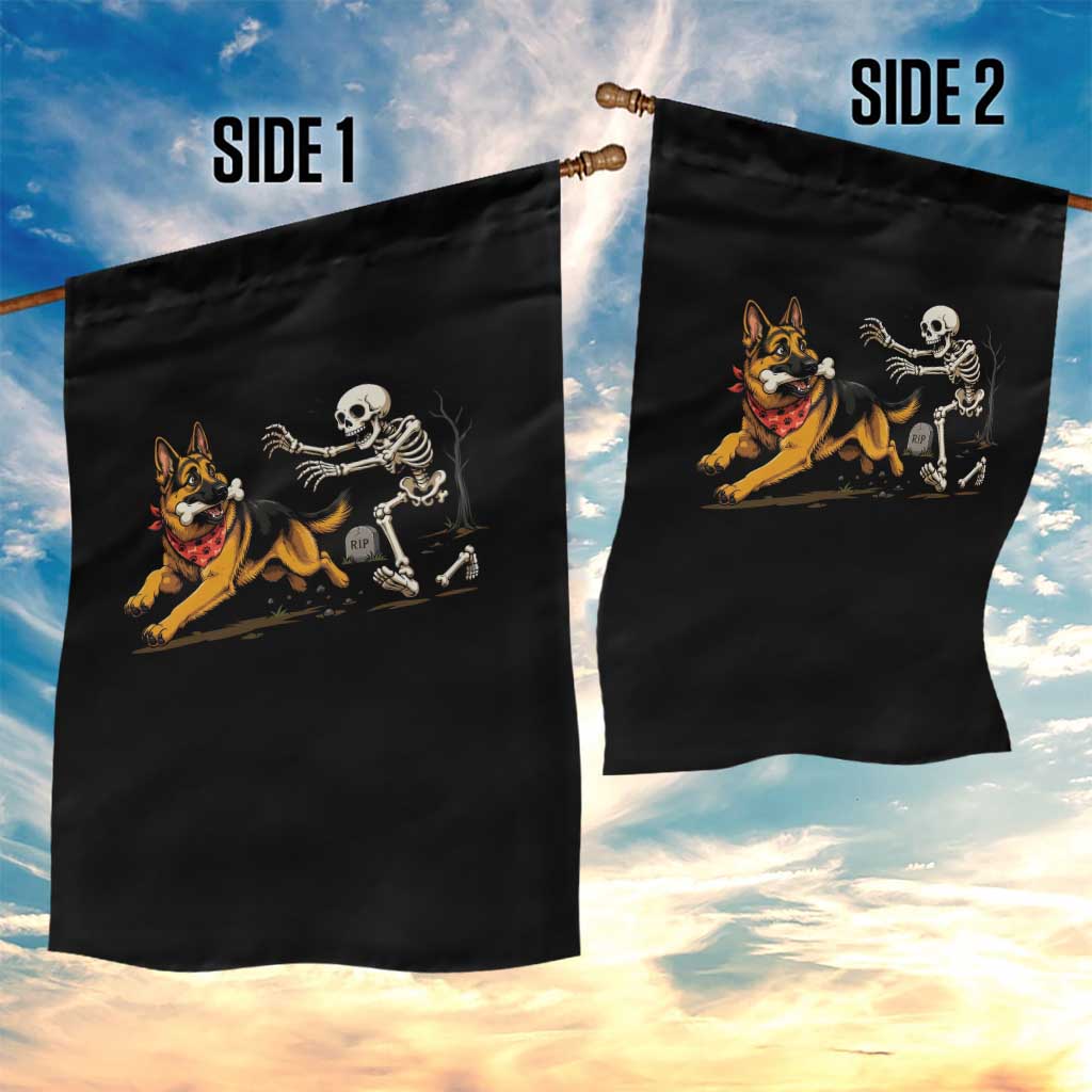 German Shepherd Stealing Skeleton Bone Cemetery Chase Garden Flag Funny Dog Halloween Graphic