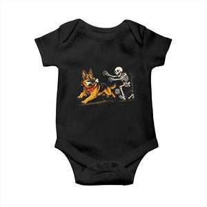 German Shepherd Stealing Skeleton Bone Cemetery Chase Baby Onesie Funny Dog Halloween Graphic