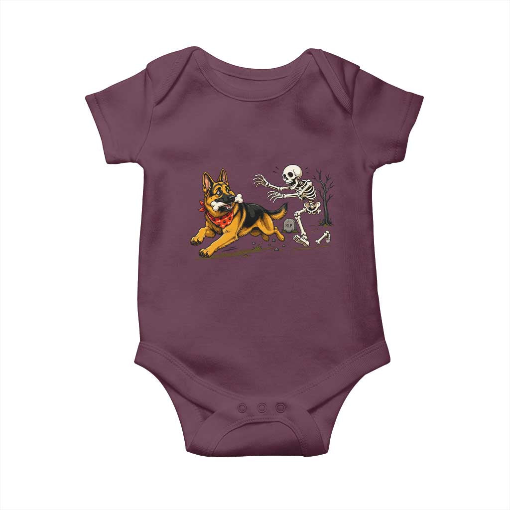 German Shepherd Stealing Skeleton Bone Cemetery Chase Baby Onesie Funny Dog Halloween Graphic