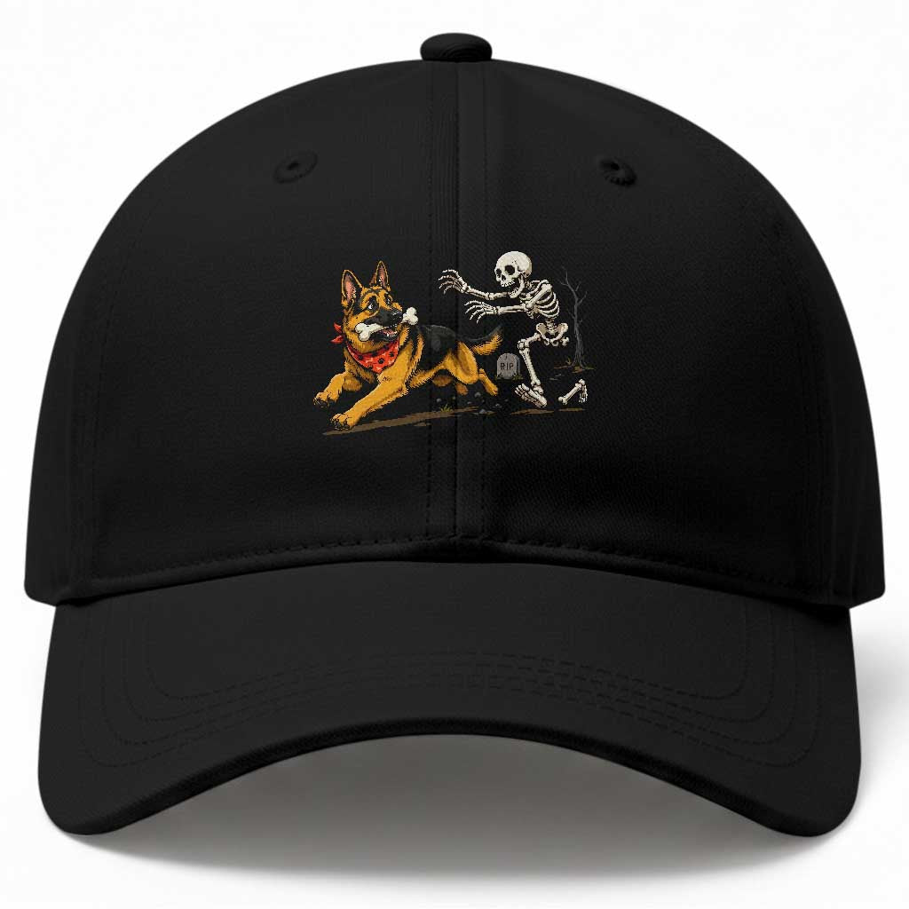 German Shepherd Stealing Skeleton Bone Cemetery Chase Baseball Cap Funny Dog Halloween Graphic