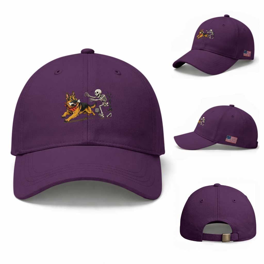 German Shepherd Stealing Skeleton Bone Cemetery Chase Baseball Cap Funny Dog Halloween Graphic