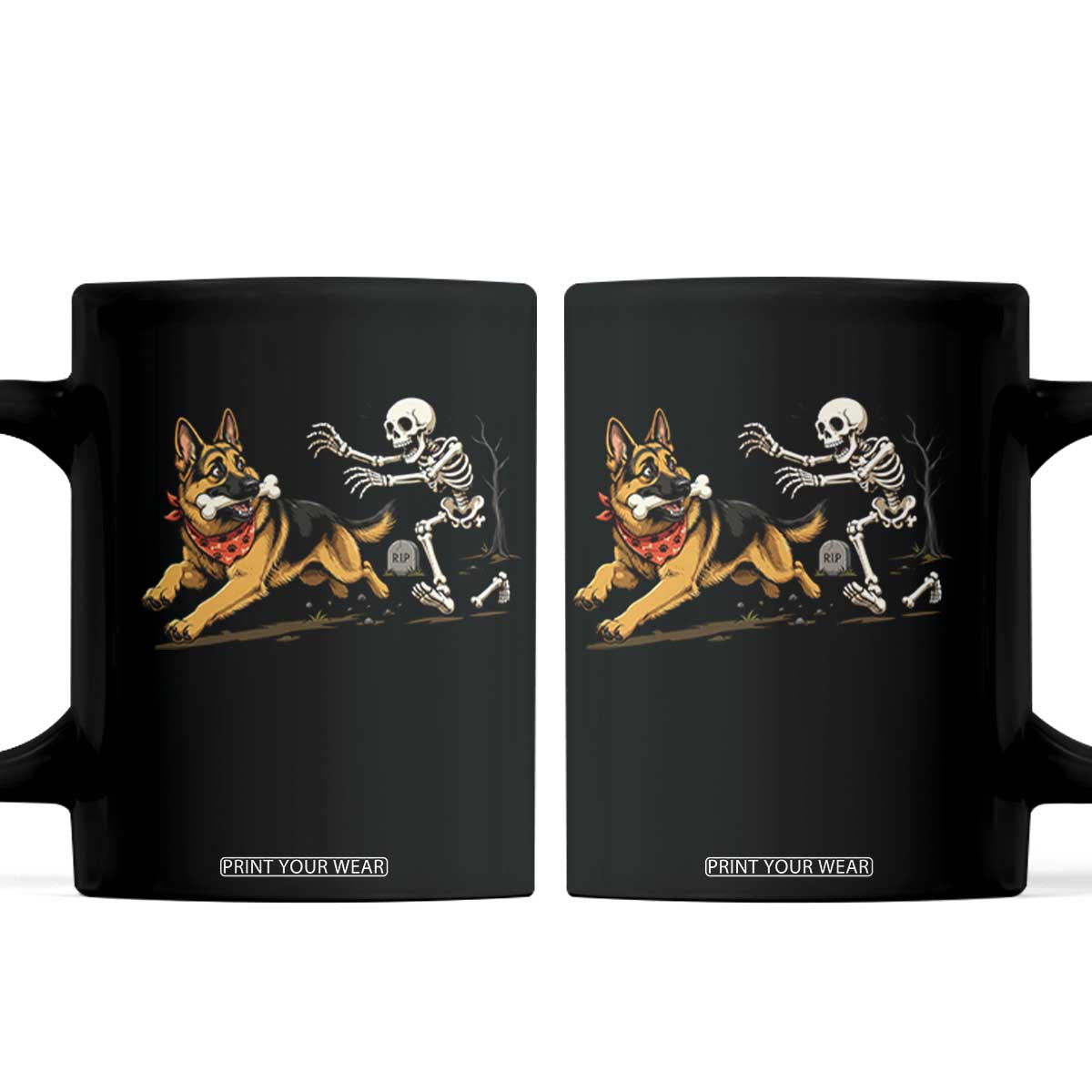 German Shepherd Stealing Skeleton Bone Cemetery Chase Coffee Mug Funny Dog Halloween Graphic