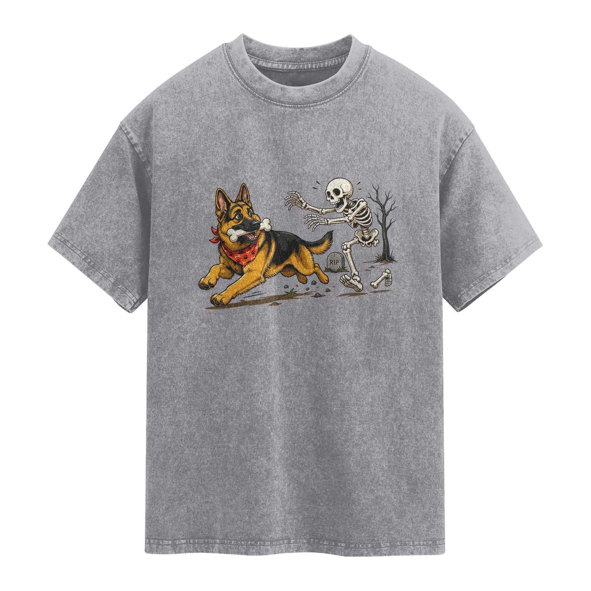 German Shepherd Stealing Skeleton Bone Cemetery Chase Washed Cotton T-Shirt Funny Dog Halloween Graphic