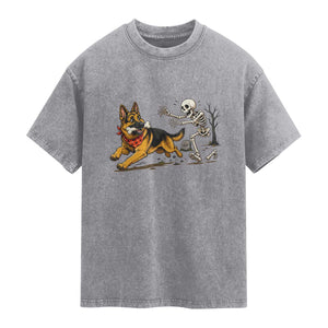 German Shepherd Stealing Skeleton Bone Cemetery Chase Washed Cotton T-Shirt Funny Dog Halloween Graphic