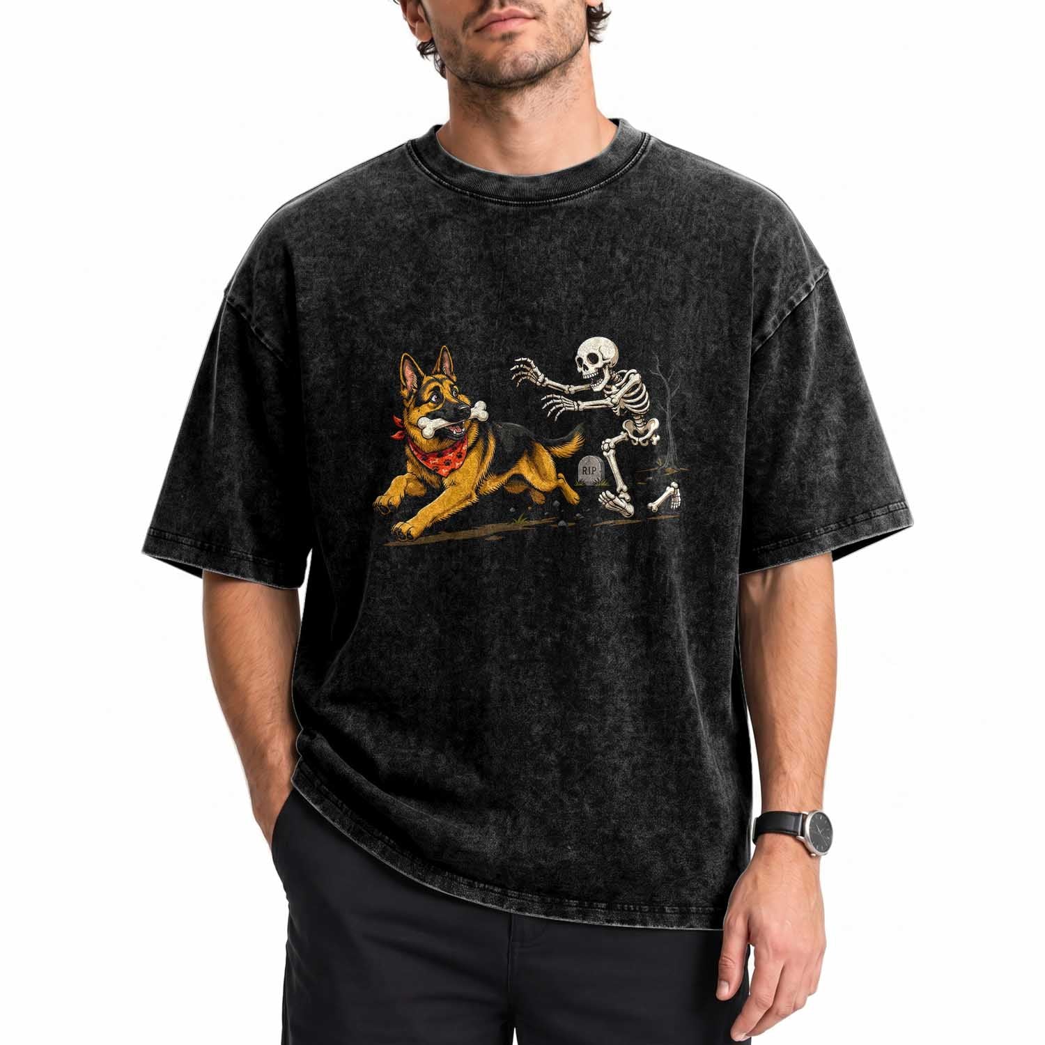 German Shepherd Stealing Skeleton Bone Cemetery Chase Washed Cotton T-Shirt Funny Dog Halloween Graphic