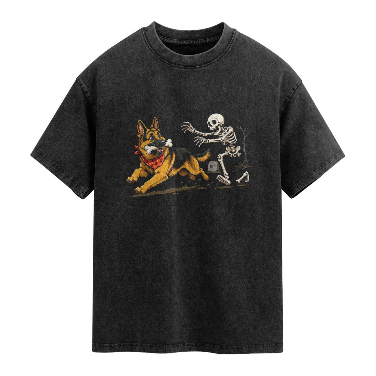 German Shepherd Stealing Skeleton Bone Cemetery Chase Washed Cotton T-Shirt Funny Dog Halloween Graphic