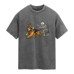 German Shepherd Stealing Skeleton Bone Cemetery Chase Washed Cotton T-Shirt Funny Dog Halloween Graphic