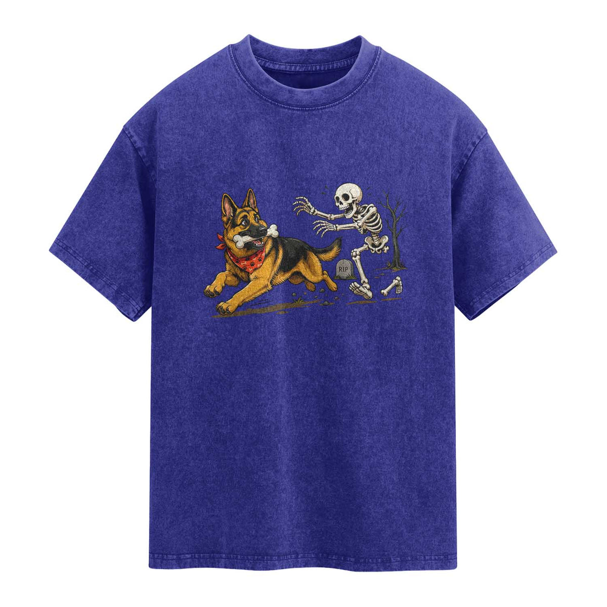 German Shepherd Stealing Skeleton Bone Cemetery Chase Washed Cotton T-Shirt Funny Dog Halloween Graphic
