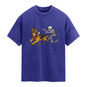 German Shepherd Stealing Skeleton Bone Cemetery Chase Washed Cotton T-Shirt Funny Dog Halloween Graphic