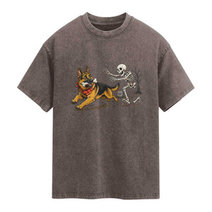 German Shepherd Stealing Skeleton Bone Cemetery Chase Washed Cotton T-Shirt Funny Dog Halloween Graphic