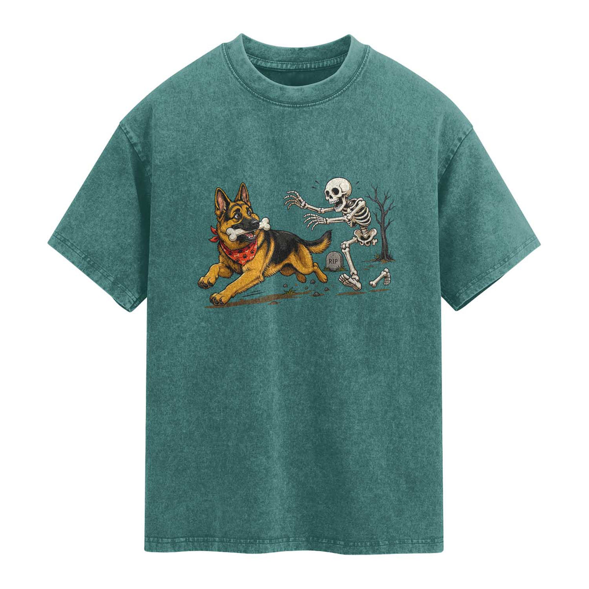 German Shepherd Stealing Skeleton Bone Cemetery Chase Washed Cotton T-Shirt Funny Dog Halloween Graphic