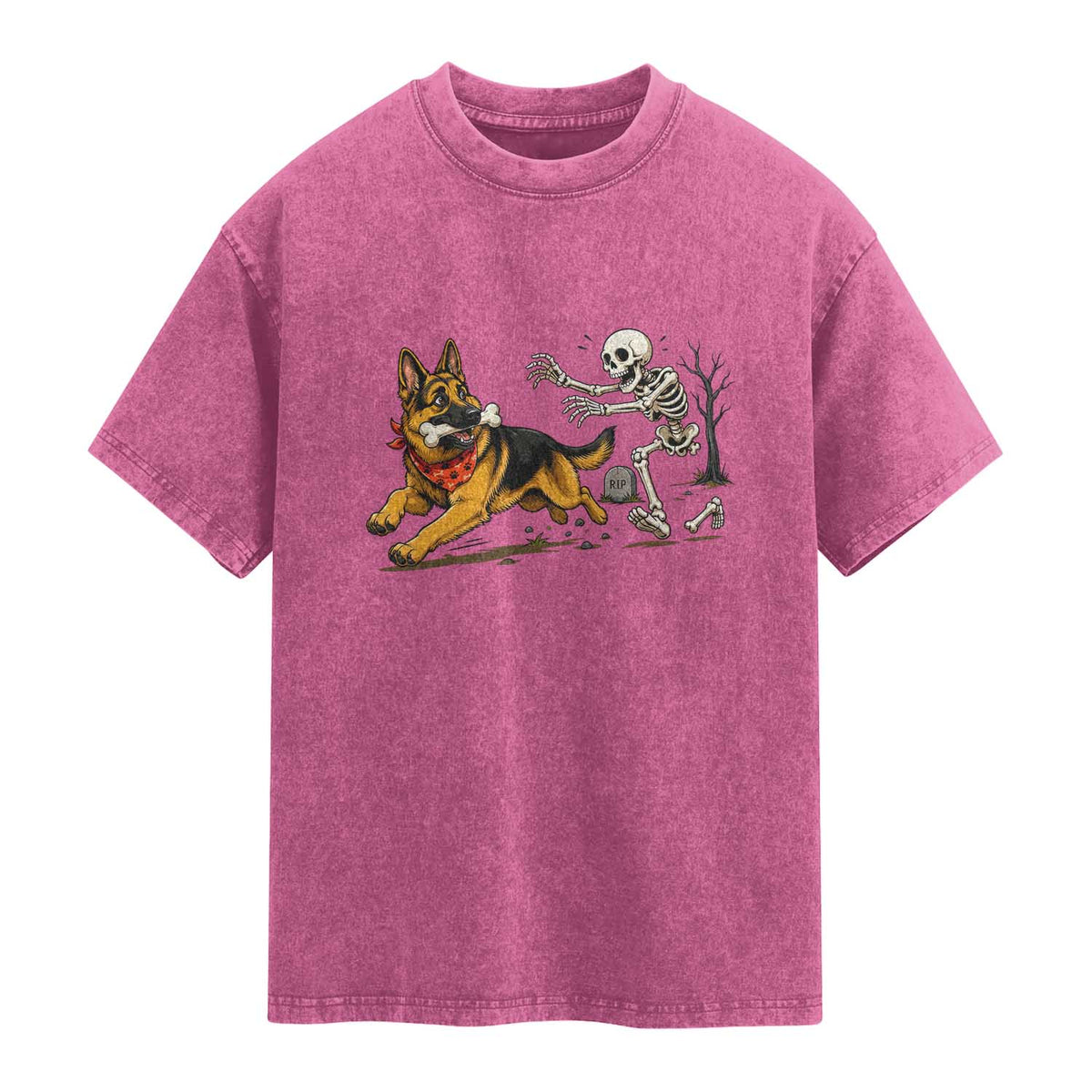 German Shepherd Stealing Skeleton Bone Cemetery Chase Washed Cotton T-Shirt Funny Dog Halloween Graphic