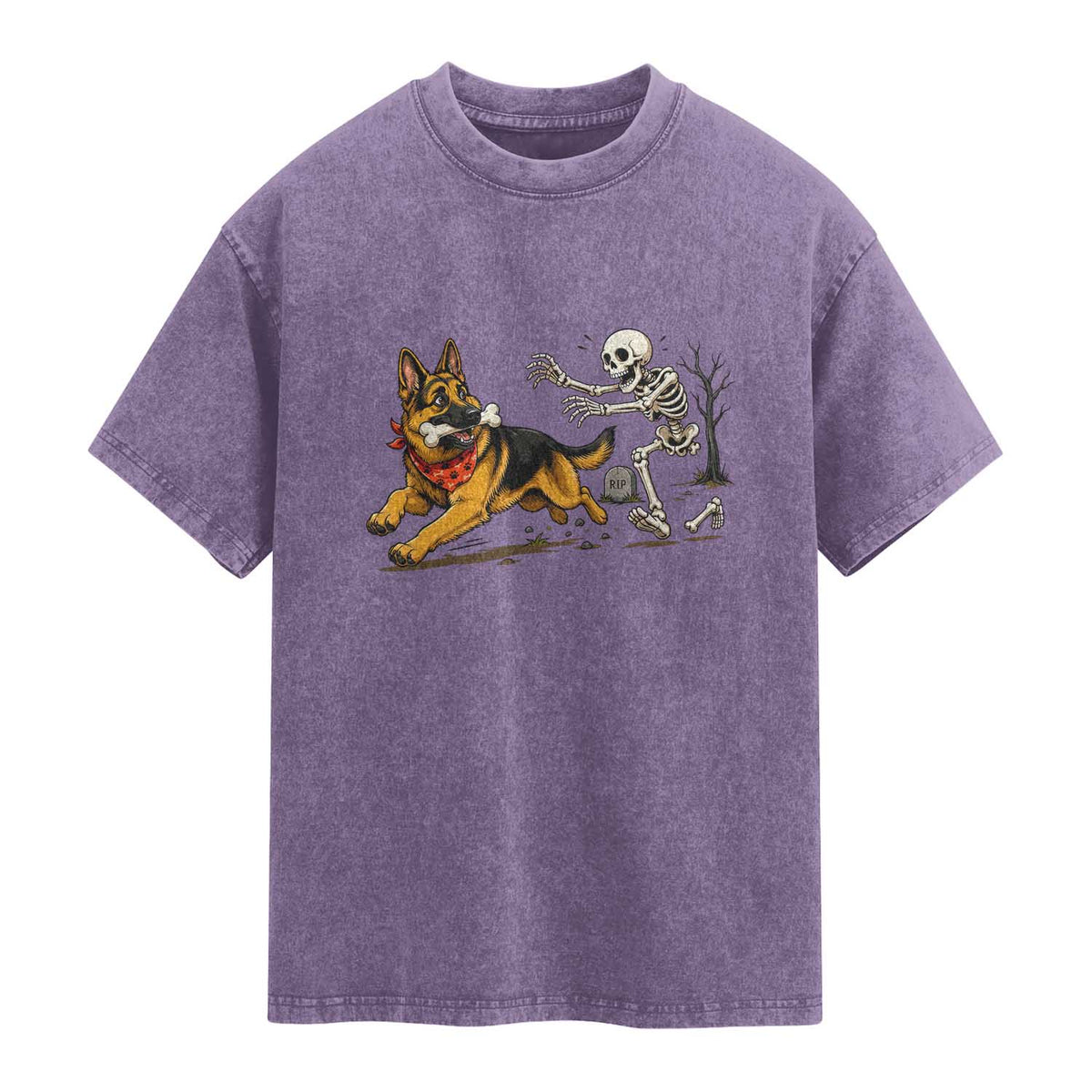 German Shepherd Stealing Skeleton Bone Cemetery Chase Washed Cotton T-Shirt Funny Dog Halloween Graphic