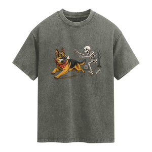 German Shepherd Stealing Skeleton Bone Cemetery Chase Washed Cotton T-Shirt Funny Dog Halloween Graphic