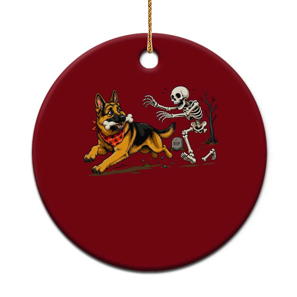 German Shepherd Stealing Skeleton Bone Cemetery Chase Ceramic Ornament Funny Dog Halloween Graphic