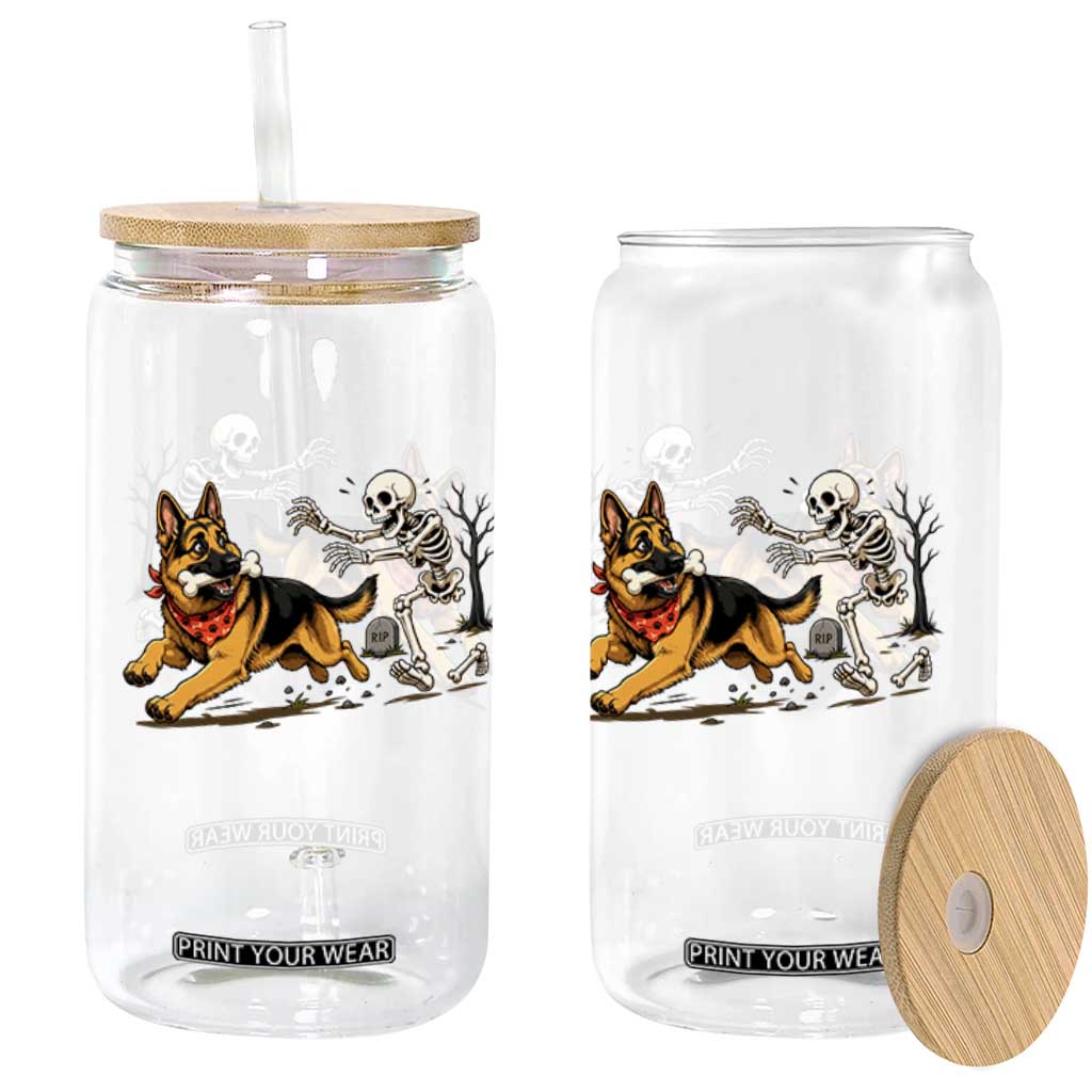 German Shepherd Stealing Skeleton Bone Cemetery Chase Glass Can Funny Dog Halloween Graphic