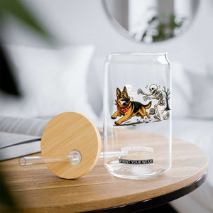 German Shepherd Stealing Skeleton Bone Cemetery Chase Glass Can Funny Dog Halloween Graphic