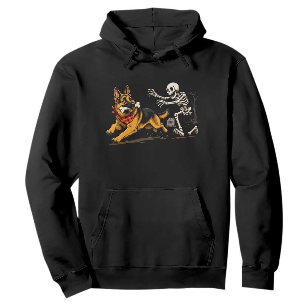 German Shepherd Stealing Skeleton Bone Cemetery Chase Hoodie Funny Dog Halloween Graphic