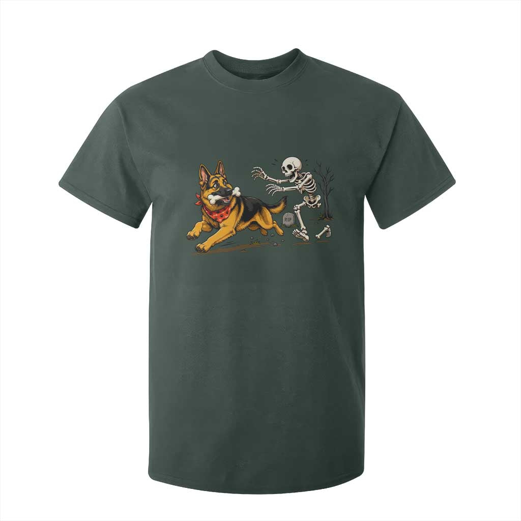 German Shepherd Stealing Skeleton Bone Cemetery Chase T Shirt For Kid Funny Dog Halloween Graphic