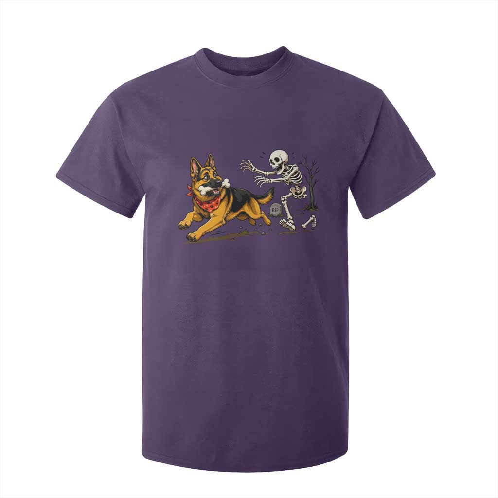 German Shepherd Stealing Skeleton Bone Cemetery Chase T Shirt For Kid Funny Dog Halloween Graphic