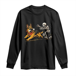 German Shepherd Stealing Skeleton Bone Cemetery Chase Long Sleeve Shirt Funny Dog Halloween Graphic