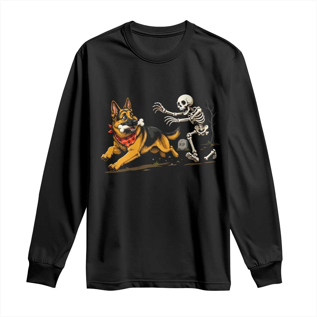 German Shepherd Stealing Skeleton Bone Cemetery Chase Long Sleeve Shirt Funny Dog Halloween Graphic