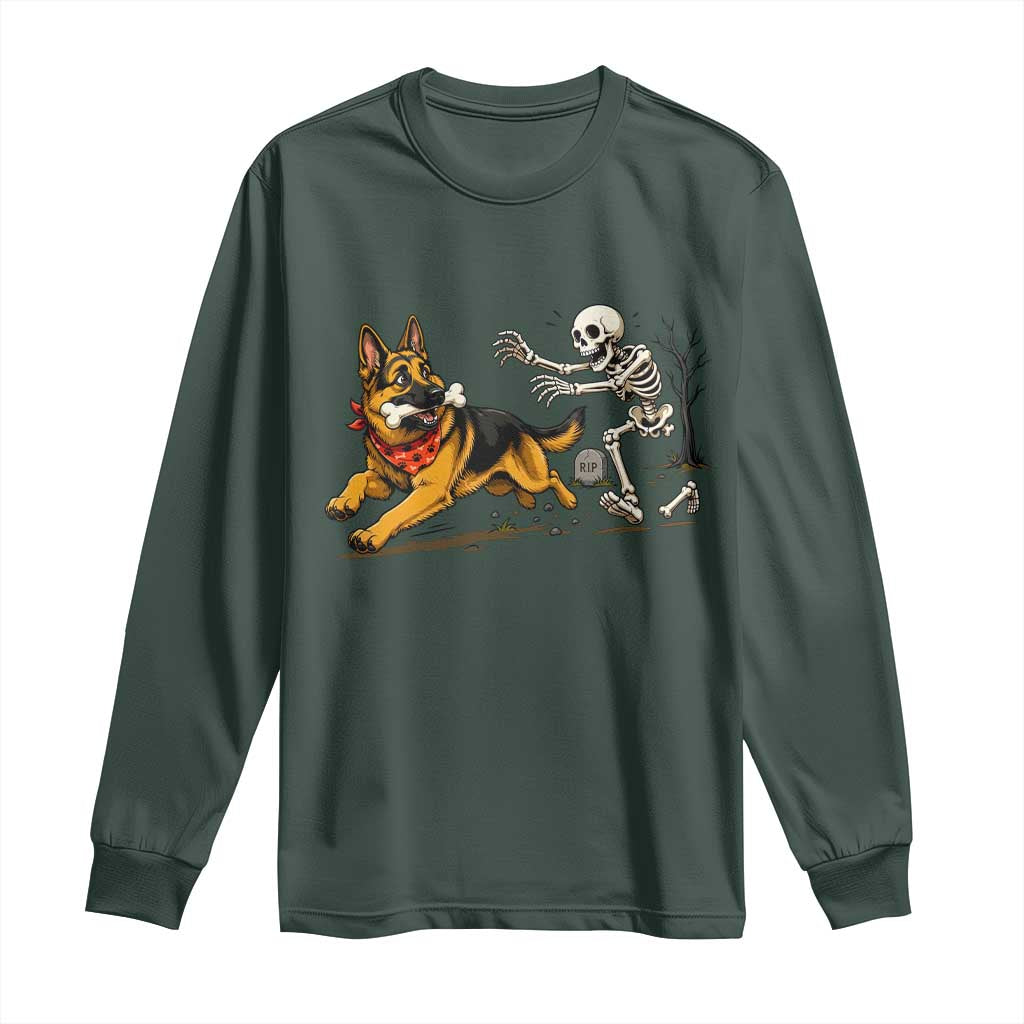 German Shepherd Stealing Skeleton Bone Cemetery Chase Long Sleeve Shirt Funny Dog Halloween Graphic