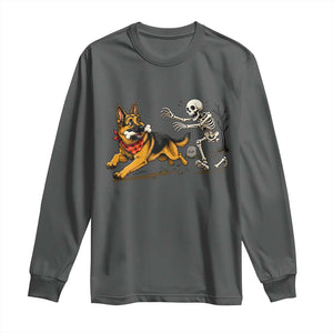German Shepherd Stealing Skeleton Bone Cemetery Chase Long Sleeve Shirt Funny Dog Halloween Graphic