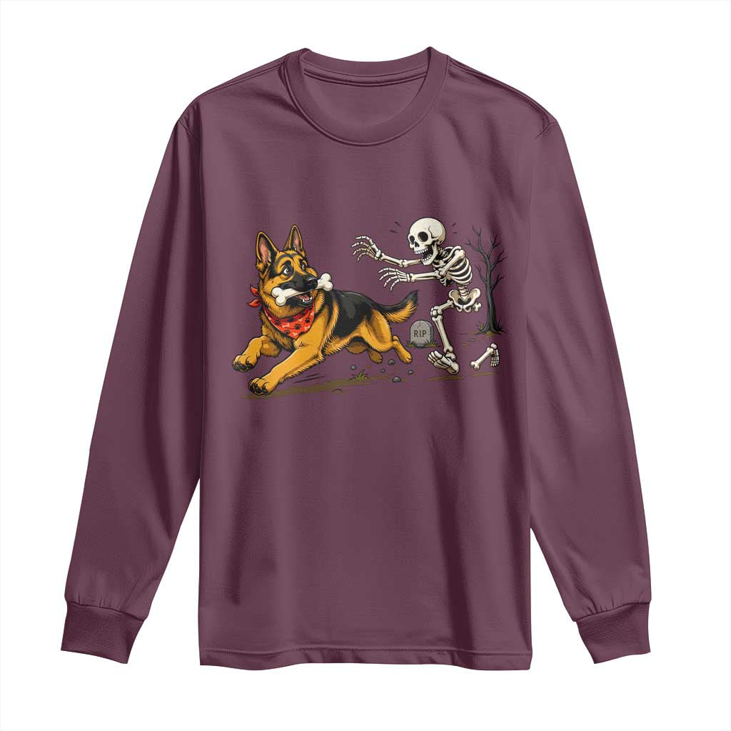 German Shepherd Stealing Skeleton Bone Cemetery Chase Long Sleeve Shirt Funny Dog Halloween Graphic