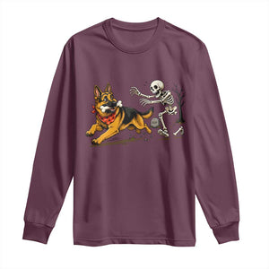 German Shepherd Stealing Skeleton Bone Cemetery Chase Long Sleeve Shirt Funny Dog Halloween Graphic