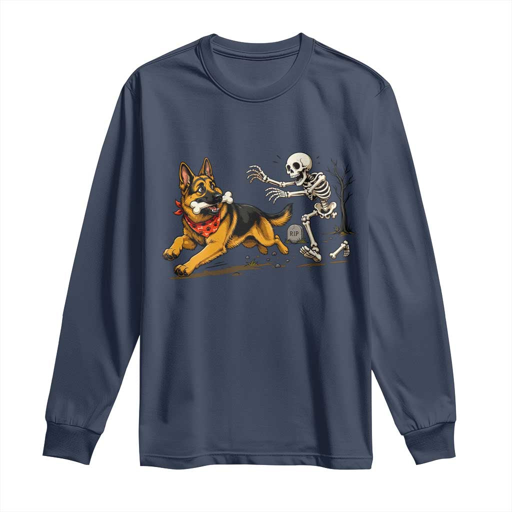 German Shepherd Stealing Skeleton Bone Cemetery Chase Long Sleeve Shirt Funny Dog Halloween Graphic