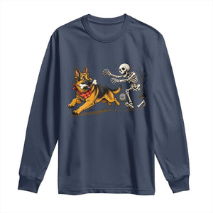 German Shepherd Stealing Skeleton Bone Cemetery Chase Long Sleeve Shirt Funny Dog Halloween Graphic
