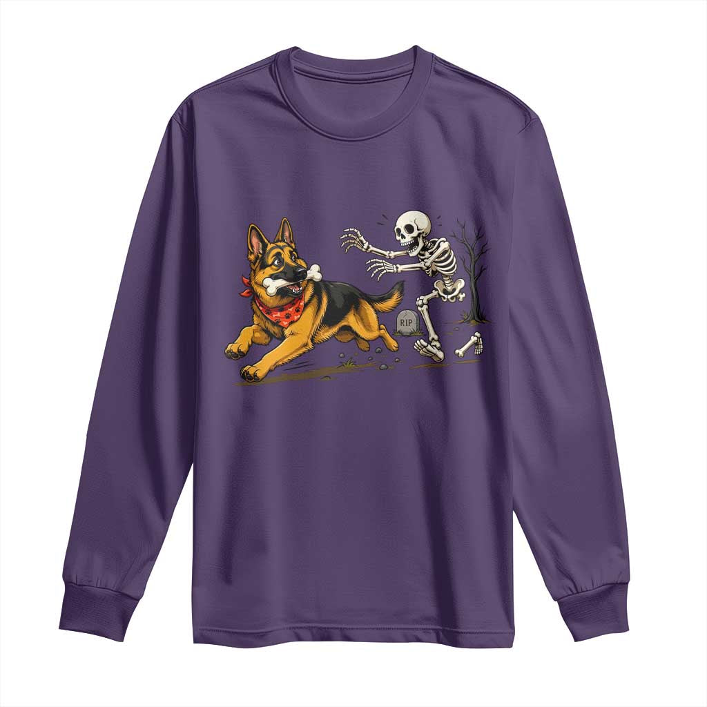 German Shepherd Stealing Skeleton Bone Cemetery Chase Long Sleeve Shirt Funny Dog Halloween Graphic