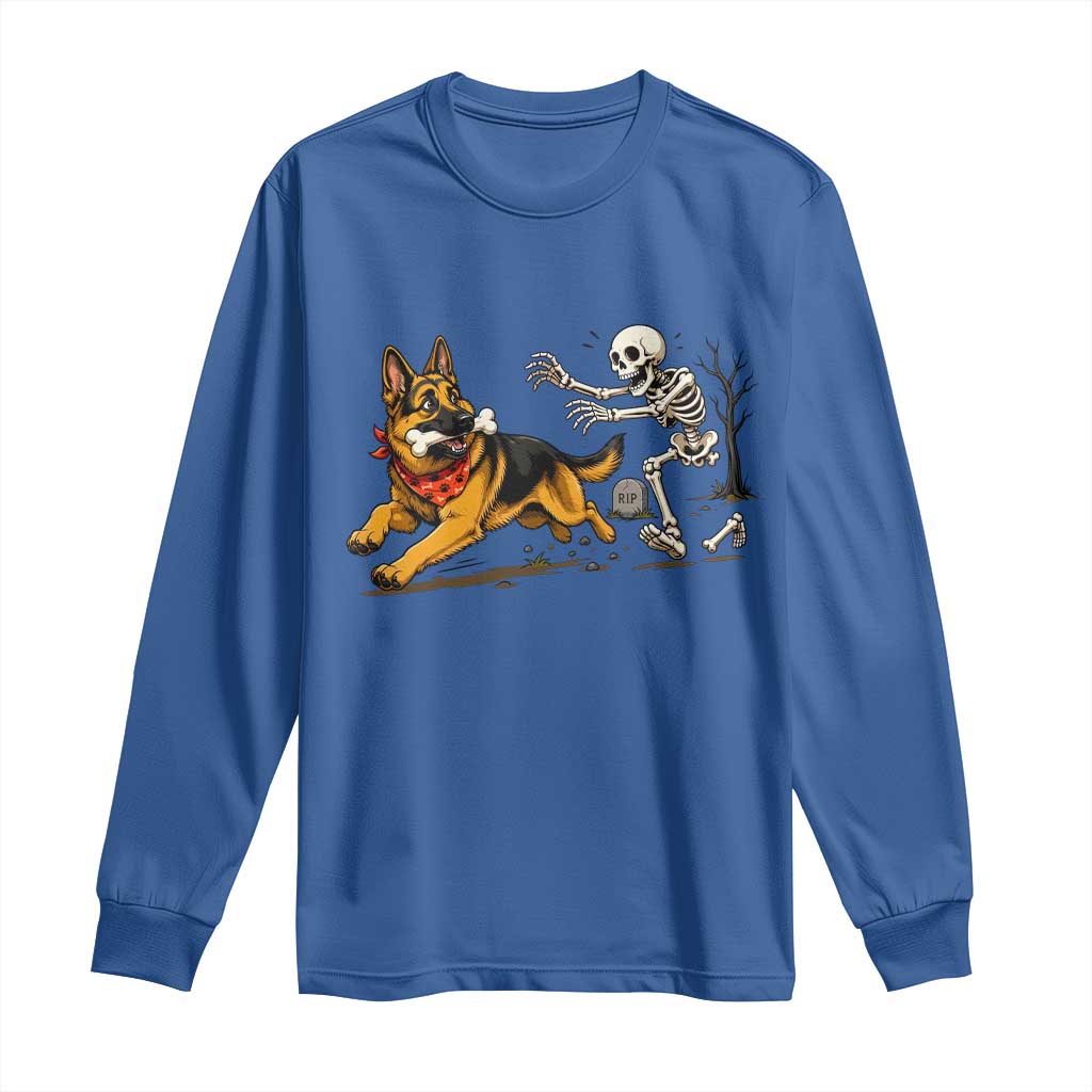 German Shepherd Stealing Skeleton Bone Cemetery Chase Long Sleeve Shirt Funny Dog Halloween Graphic