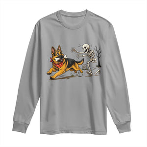 German Shepherd Stealing Skeleton Bone Cemetery Chase Long Sleeve Shirt Funny Dog Halloween Graphic