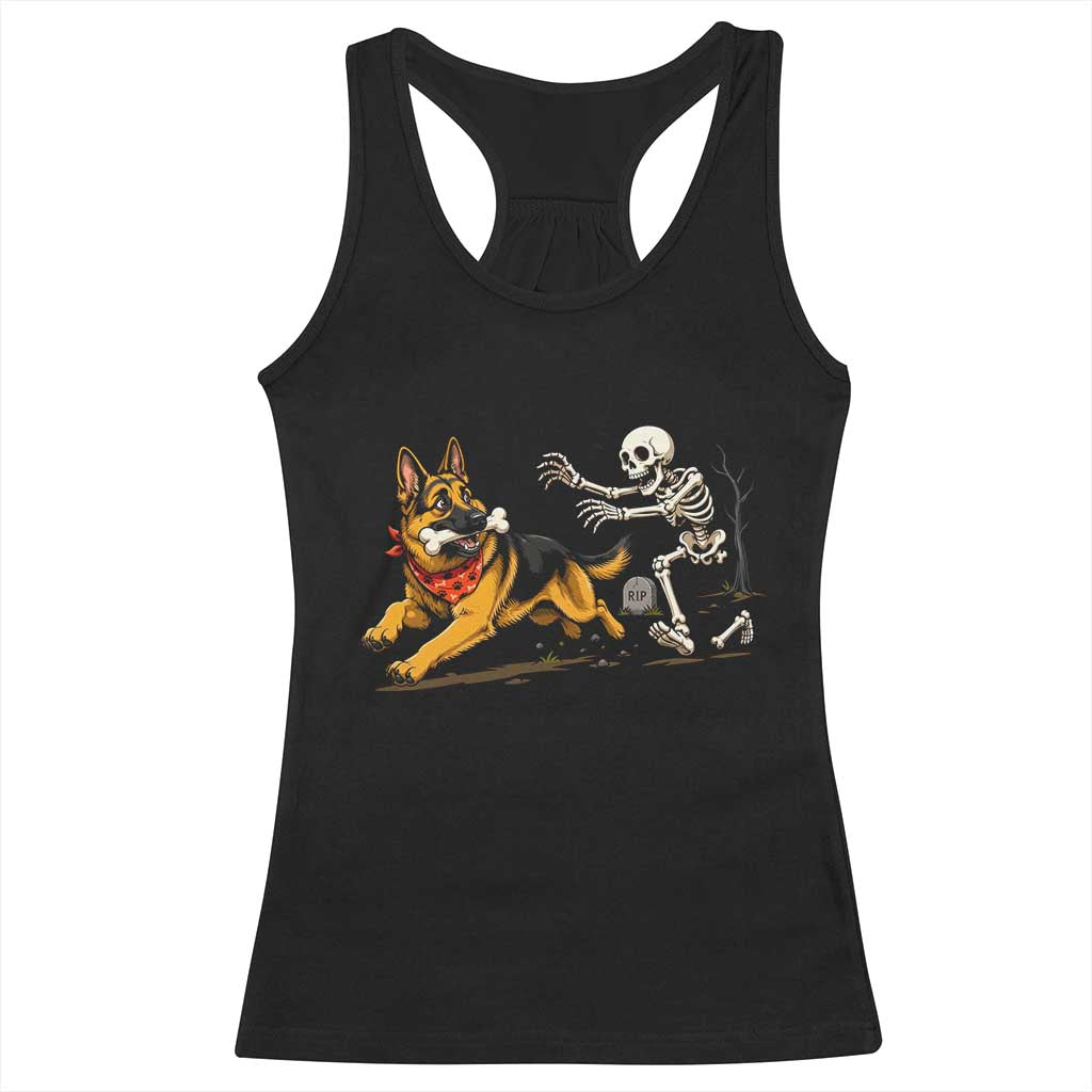 German Shepherd Stealing Skeleton Bone Cemetery Chase Racerback Tank Top Funny Dog Halloween Graphic
