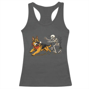 German Shepherd Stealing Skeleton Bone Cemetery Chase Racerback Tank Top Funny Dog Halloween Graphic