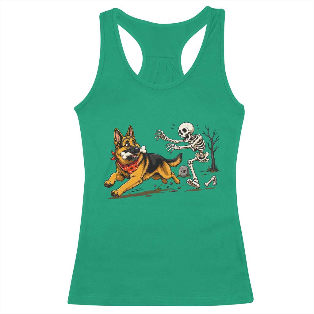 German Shepherd Stealing Skeleton Bone Cemetery Chase Racerback Tank Top Funny Dog Halloween Graphic