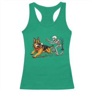 German Shepherd Stealing Skeleton Bone Cemetery Chase Racerback Tank Top Funny Dog Halloween Graphic