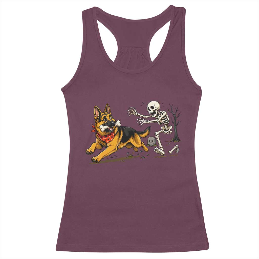 German Shepherd Stealing Skeleton Bone Cemetery Chase Racerback Tank Top Funny Dog Halloween Graphic