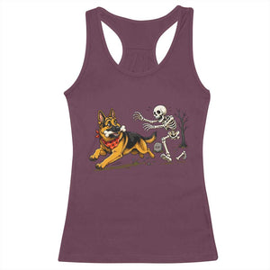 German Shepherd Stealing Skeleton Bone Cemetery Chase Racerback Tank Top Funny Dog Halloween Graphic