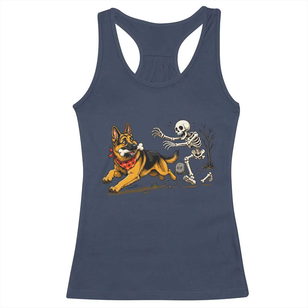 German Shepherd Stealing Skeleton Bone Cemetery Chase Racerback Tank Top Funny Dog Halloween Graphic