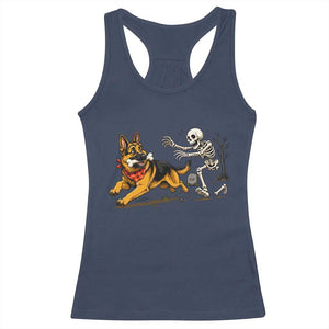 German Shepherd Stealing Skeleton Bone Cemetery Chase Racerback Tank Top Funny Dog Halloween Graphic