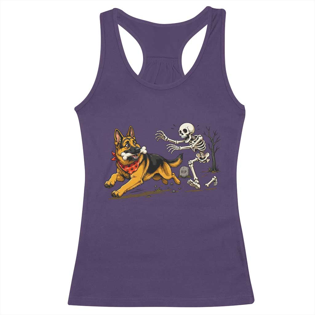 German Shepherd Stealing Skeleton Bone Cemetery Chase Racerback Tank Top Funny Dog Halloween Graphic