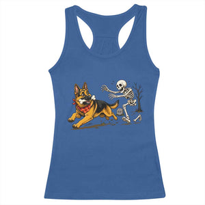 German Shepherd Stealing Skeleton Bone Cemetery Chase Racerback Tank Top Funny Dog Halloween Graphic