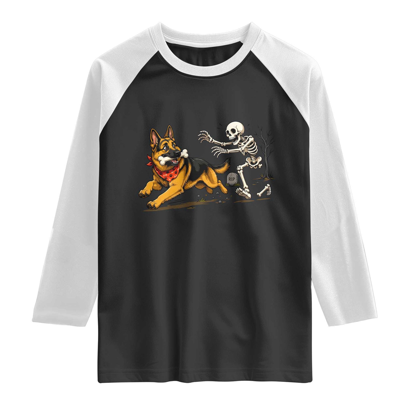 German Shepherd Stealing Skeleton Bone Cemetery Chase Raglan Shirt Funny Dog Halloween Graphic