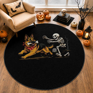German Shepherd Stealing Skeleton Bone Cemetery Chase Round Rug Funny Dog Halloween Graphic