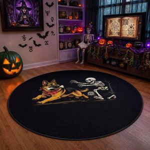 German Shepherd Stealing Skeleton Bone Cemetery Chase Round Rug Funny Dog Halloween Graphic